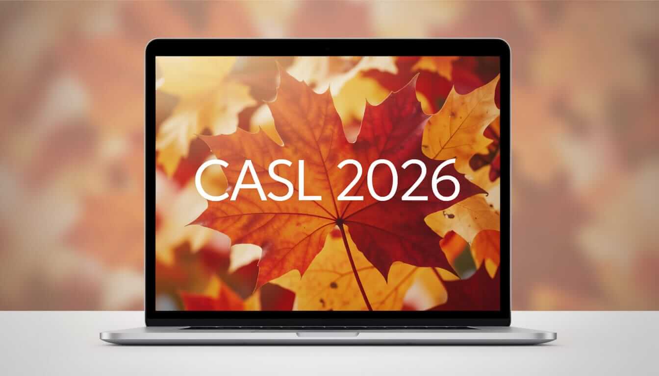 A laptop screen displays the text "CASL 2026" in white over a background of red and orange autumn maple leaves.