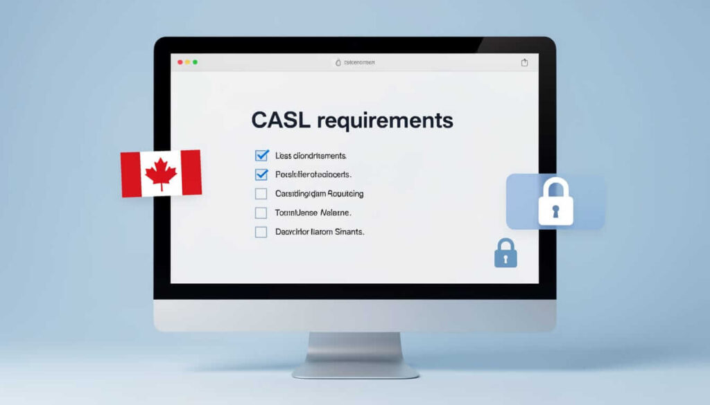 A computer monitor displaying a checklist titled "CASL requirements" with checked and unchecked boxes, accompanied by a Canadian flag and padlock icons on a light blue background.