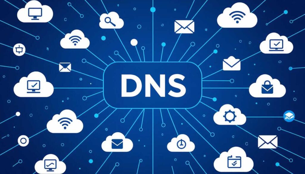 A central blue button labeled “DNS” radiates lines connecting to white cloud icons containing symbols for devices, Wi-Fi, email, security locks, and settings. This illustrates how the Domain Name System connects users to online services across the internet.