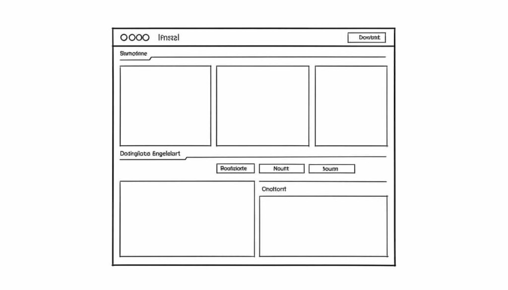 A black and white wireframe template showing a website layout structure with a header containing navigation circles and search bar, three equal content boxes in the middle section, three filter buttons, and two larger content areas at the bottom with placeholder text labels.