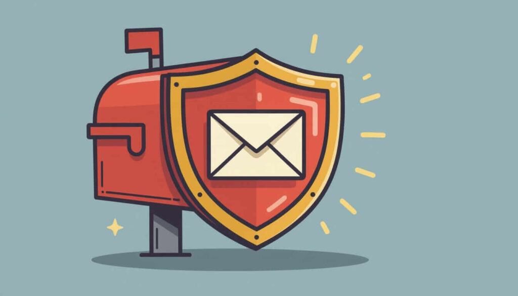 Illustration of a red mailbox protected by a golden shield with an email envelope icon, symbolizing email security and protection services for web hosting customers against threats and unauthorized access.
