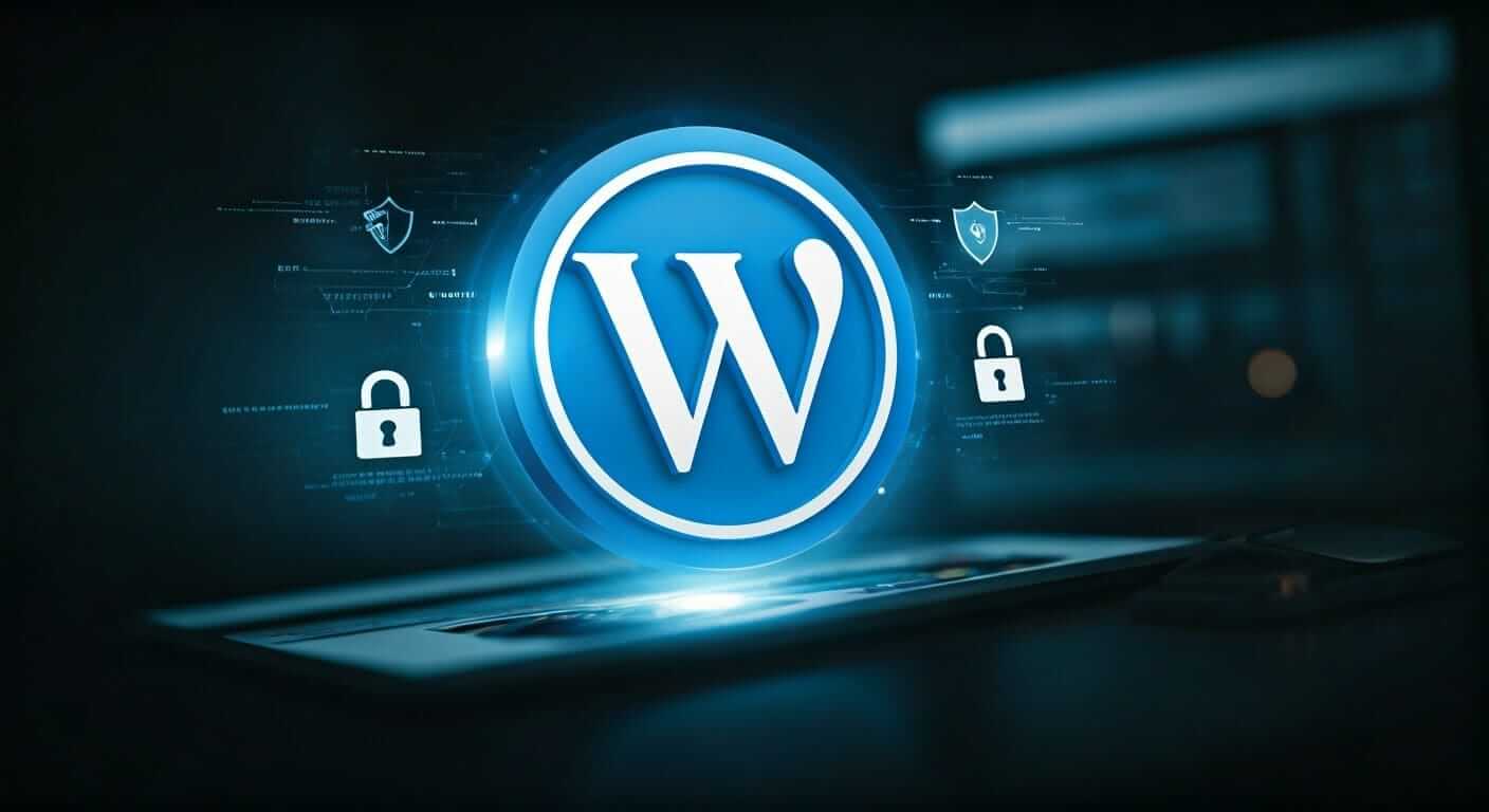 An illustration of the WordPress logo hovering in front of a computer with floating security locks depicting WordPress security
