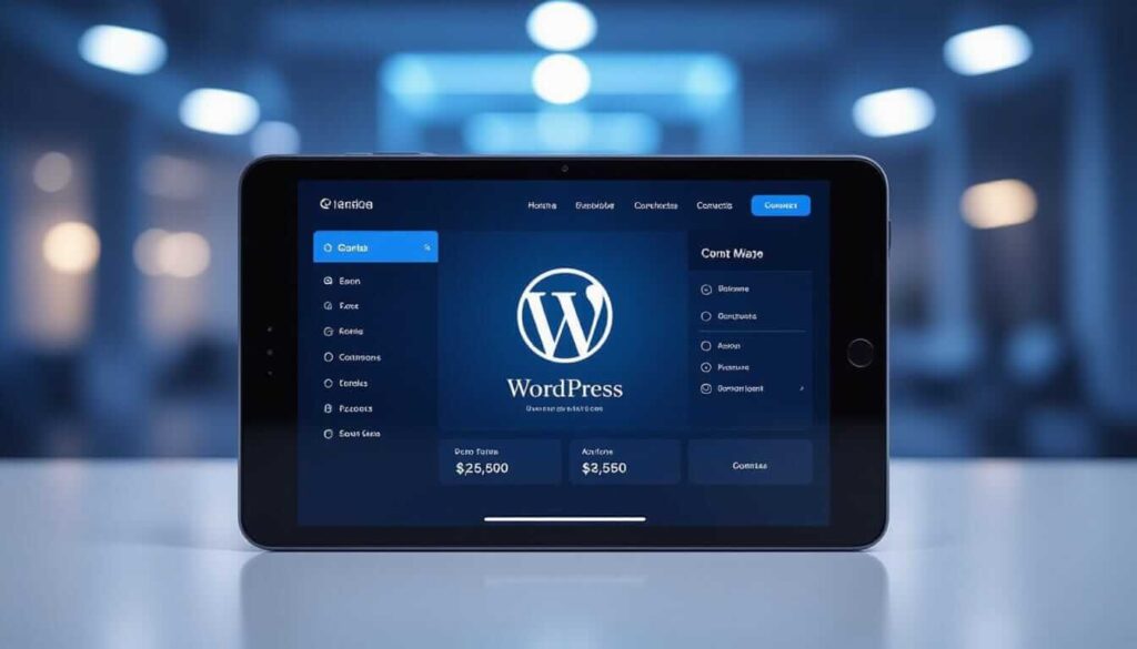 A tablet displays a dark-themed WordPress dashboard with financial figures and menu options, set against a blurred blue office background.