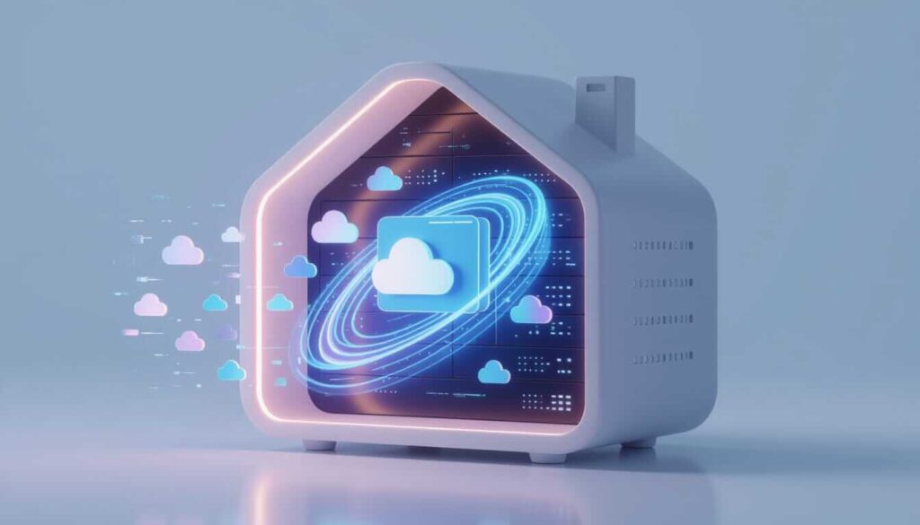Smart home device with glowing cloud icon and data streams, symbolizing personal cloud hosting server.