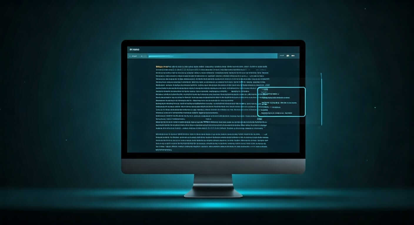 A sleek, modern computer monitor with a dark background displays code or text in bright blue on a black screen. The monitor is illuminated by soft blue lighting at the base, creating a futuristic and high-tech ambiance. A transparent overlay highlights a section of the code, emphasizing its importance.