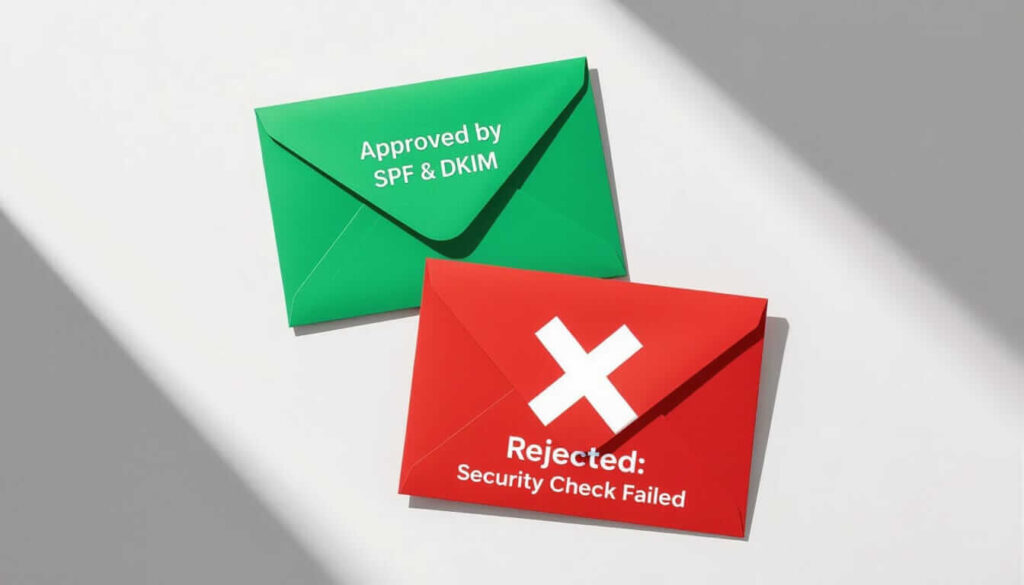 Two envelopes illustrating email authentication: a green envelope labeled "Approved by SPF & DKIM" representing verified emails, and a red envelope marked with an X and "Rejected: Security Check Failed" showing failed email security validation.