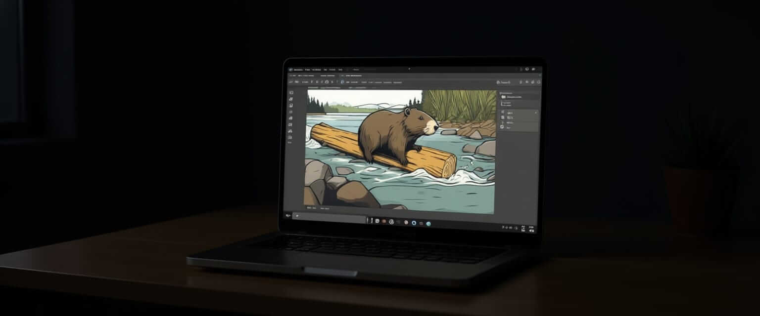 A laptop in a dark setting displays a detailed cartoon illustration of a beaver on a log in a river, within a graphic design program.