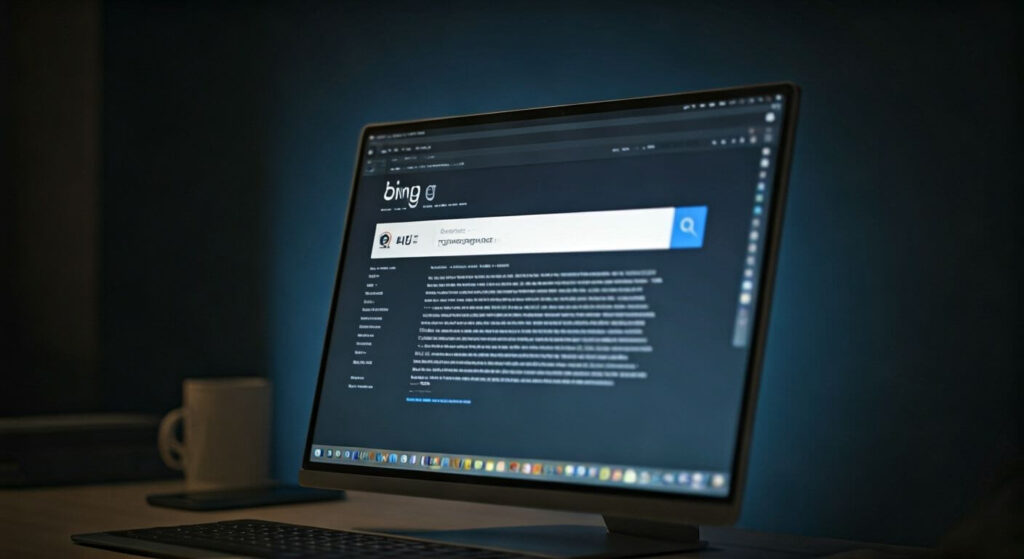 A desktop monitor showing the Bing search engine interface in dark mode, with a white search bar and results, on a dimly lit desk.