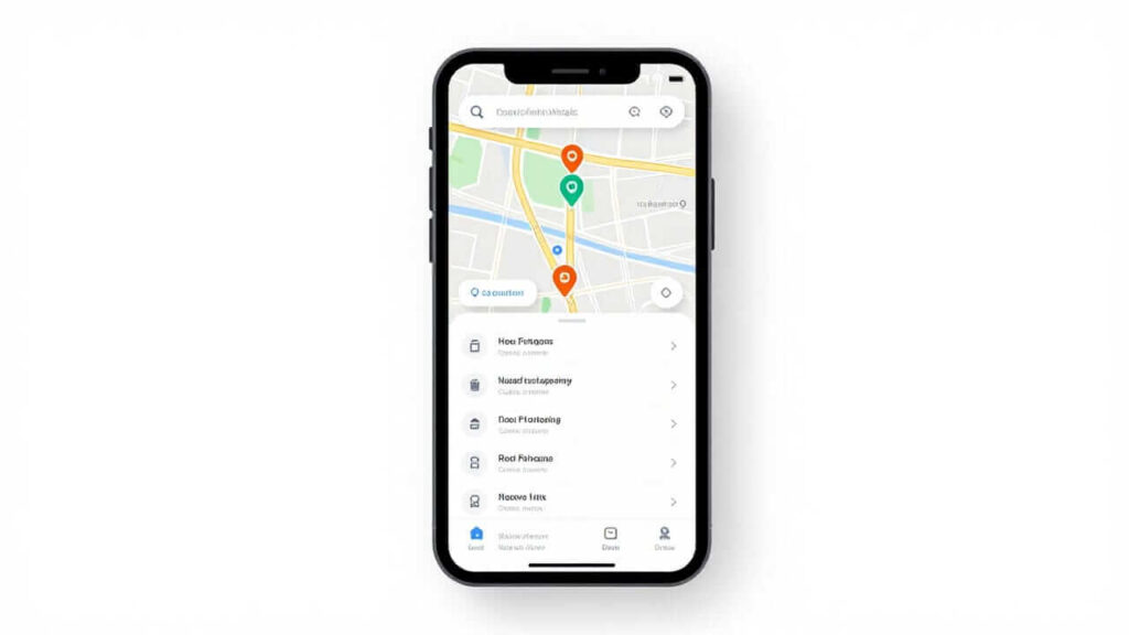 A smartphone displays a map application with several location pins and a list of nearby places below, set against a clean white background.