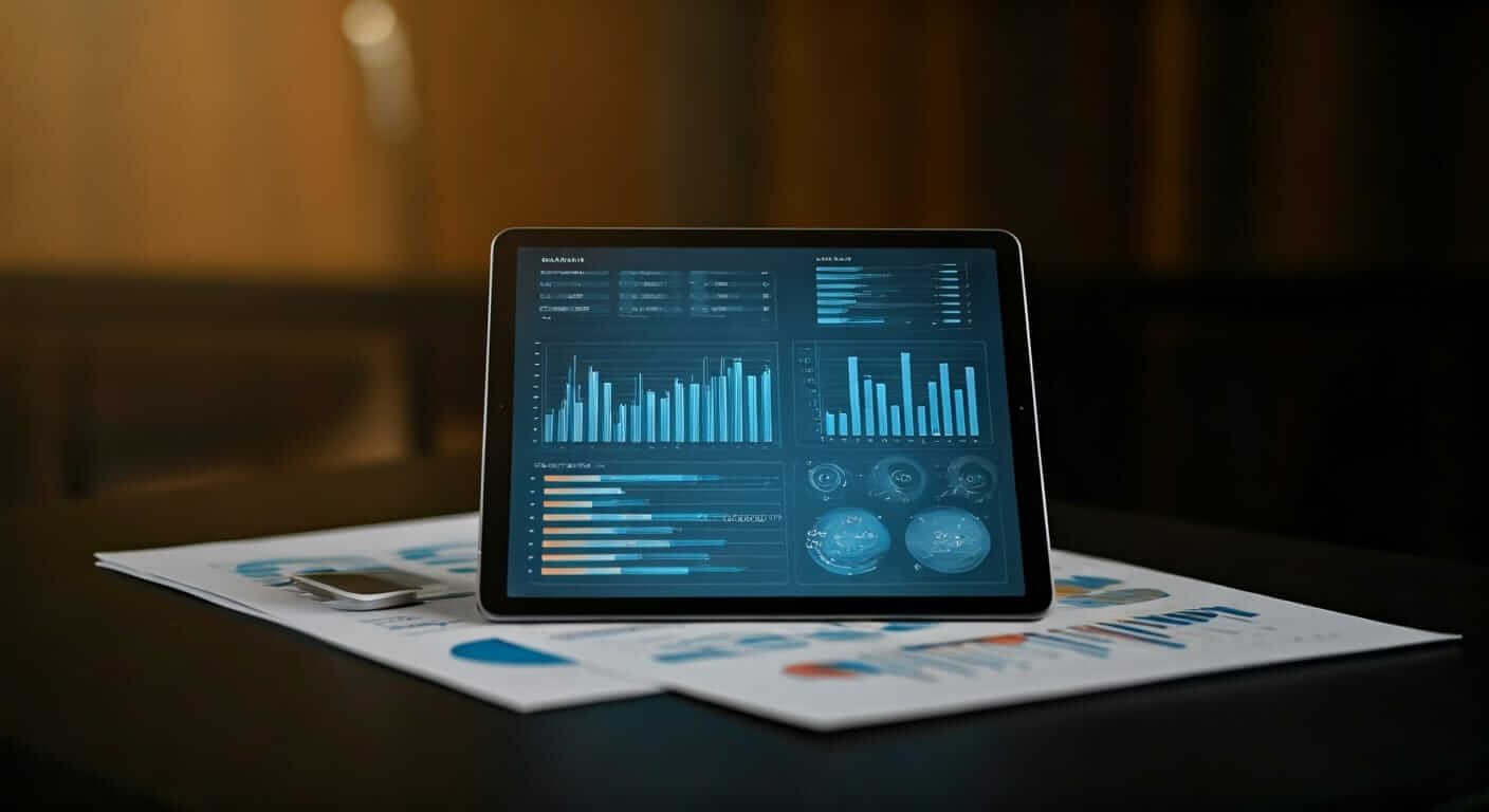 A tablet placed on a table, displaying a dashboard with various charts and graphs in blue tones. The screen shows bar graphs, pie charts, and other data visualizations, indicating an analytics or reporting interface. A smartphone and printed documents are visible beneath the tablet, suggesting a workspace focused on data analysis or business operations.