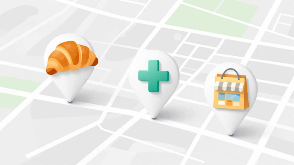 Three map pins on a stylized city grid represent different locations: a bakery (croissant), a pharmacy (green cross), and a shop (storefront icon).