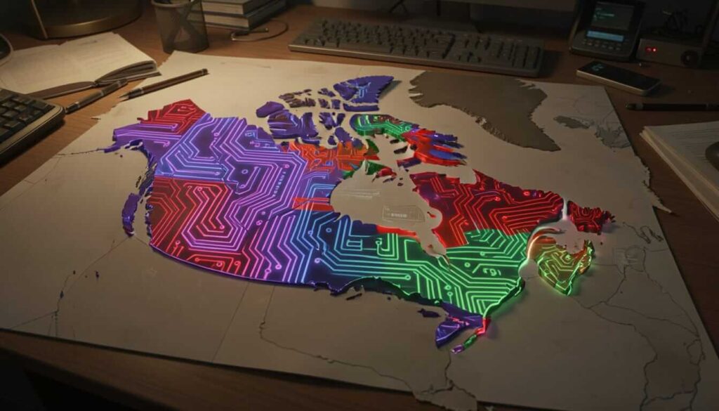 Desk workspace featuring a large map of North America with Canada and surrounding regions overlaid with glowing circuit board traces in purple, red, and green, surrounded by keyboards, smartphones, and tech equipment