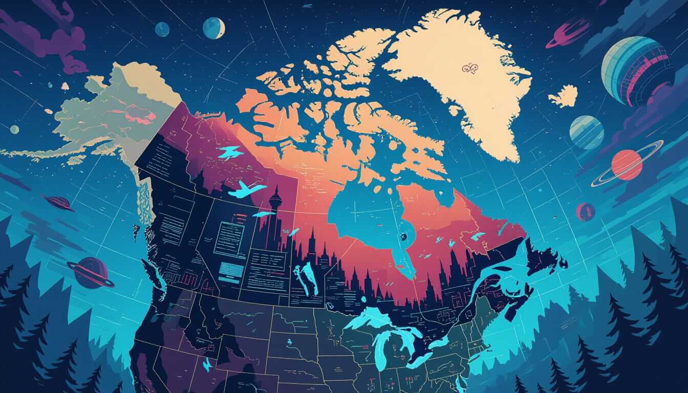 A stylized map of Canada set against a cosmic background with planets and stars, featuring vibrant colors and futuristic elements like city silhouettes and digital overlays, representing innovation and technological advancement across the country.