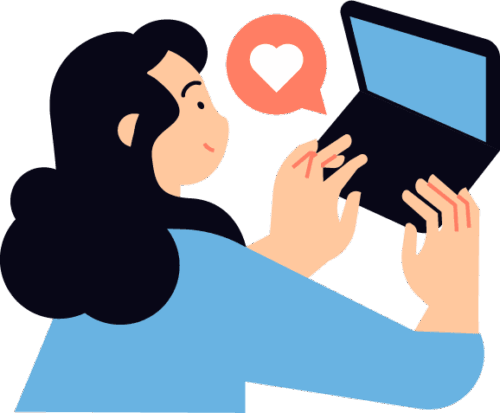 Woman typing on a laptop with a red love speech bubble, symbolizing positive website support and customer care.