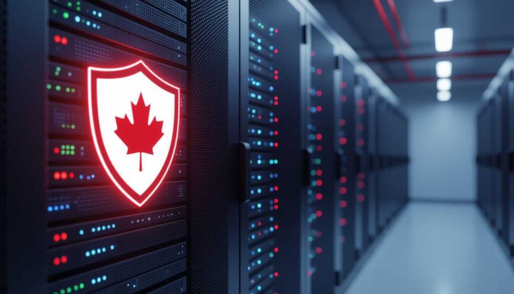 Server room with rows of network racks illuminated by status lights. A prominent red shield icon with a Canadian maple leaf glows on the nearest server, indicating localized security measures within the data center environment.