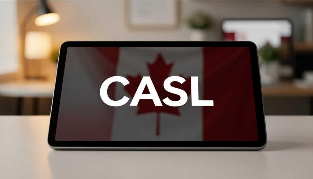 A tablet resting on a desk displays the text "CASL" in large white letters over a blurred background image of the Canadian flag.