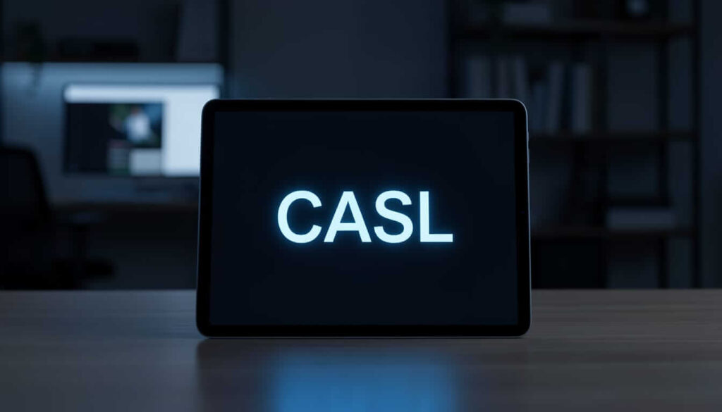 A tablet on a desk displays the glowing text "CASL" against a dark background in a dimly lit office.