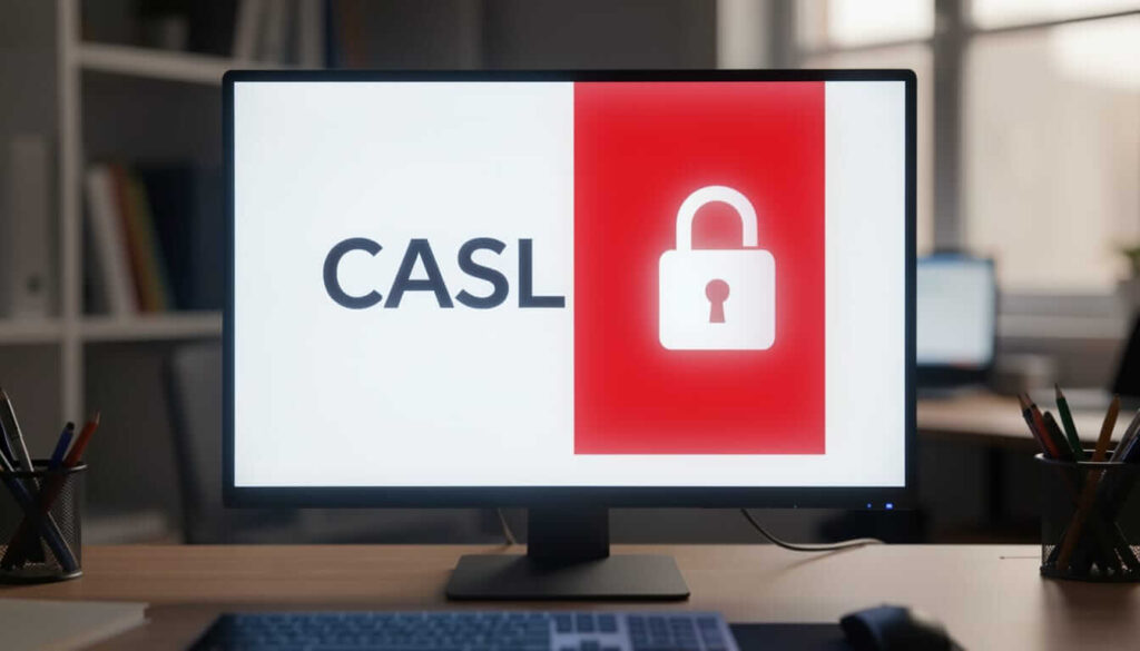 A computer monitor on a desk displaying the text "CASL" next to a stylized Canadian flag graphic where a white padlock replaces the maple leaf on the red stripe.