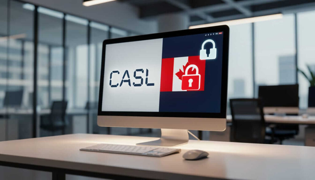 A desktop monitor in an office shows a graphic with the text "CASL" and an image of the Canadian flag featuring a padlock icon.