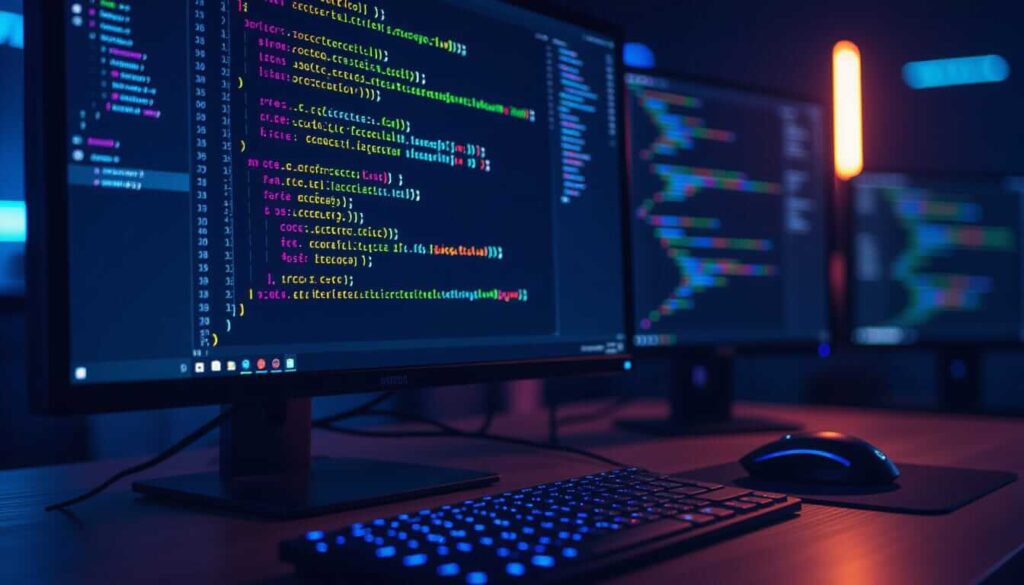 A dual-monitor setup on a desk displays lines of colorful code; a backlit keyboard and mouse sit in front, under ambient blue and purple lighting.