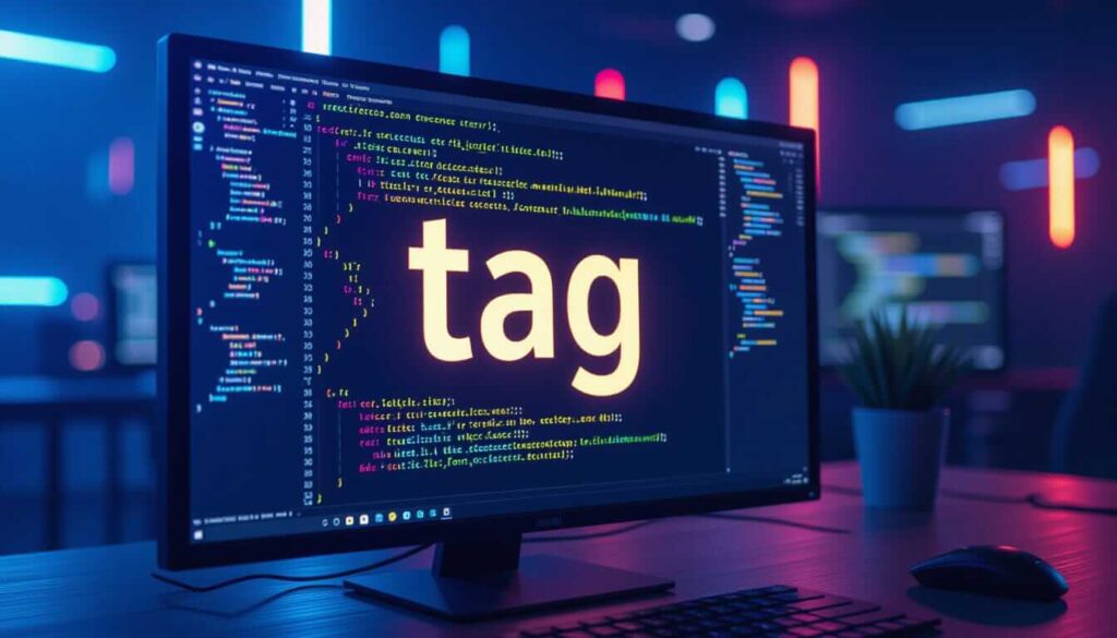 A desktop monitor in a vibrant, neon-lit workspace shows the word “tag” in large yellow text over a code editor interface.