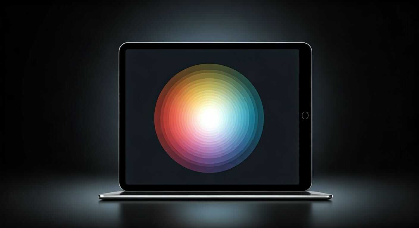 A tablet is positioned on a dark surface with a subtle light source highlighting its edges. The screen displays a radiant, concentric circle pattern featuring a spectrum of colors—red, orange, yellow, green, blue, and purple—that blend seamlessly into each other. The background is entirely black, drawing attention to the vivid, glowing effect of the circular design.