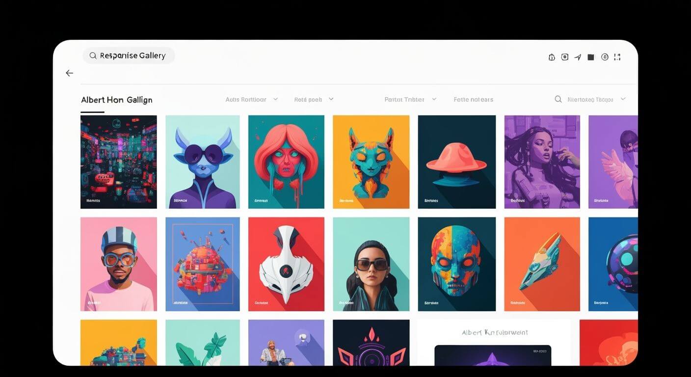 A digital art gallery interface displaying a grid of colorful, futuristic illustrations by unreal Albert Hon Gallign. This is an example of website image galleries.