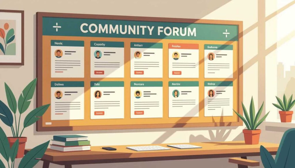 An illustrated “Community Forum” bulletin board filled with user posts and avatars, placed above a desk with books and plants — evoking collaboration, discussion, and user engagement in a warm, inviting space.