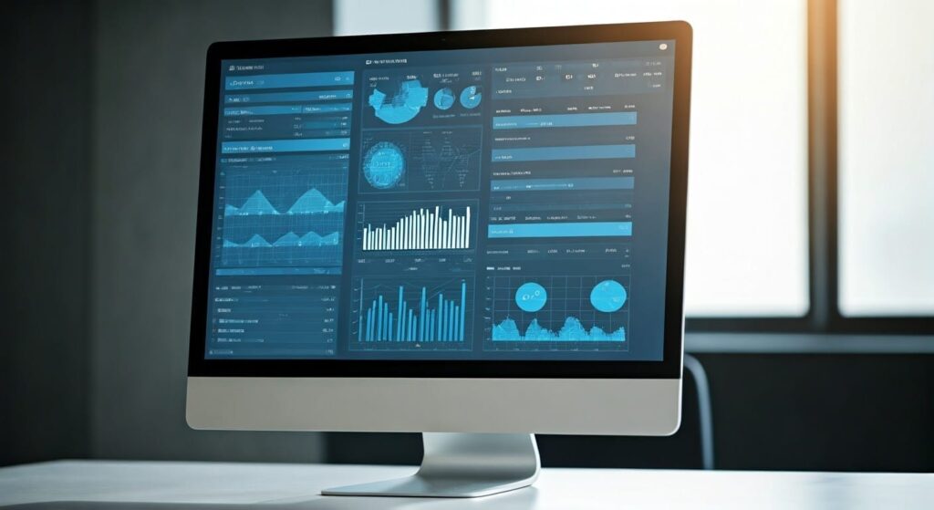A monitor displaying various SEO tools and data dashboards