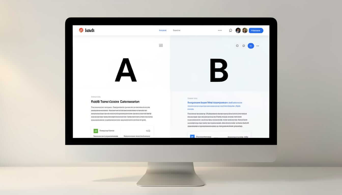 A computer monitor displaying a split-screen A/B testing interface. The left side, labeled with a large "A", shows a white webpage layout with text blocks and a green button. The right side, labeled with a large "B", shows a similar layout with a light blue background and blue text. The top navigation bar includes a logo, menu items, and user avatars.