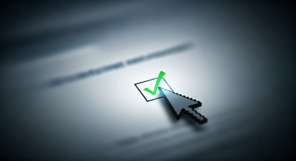 A digital mouse cursor hovering over and clicking a checkbox containing a bright green checkmark against a soft, out-of-focus grey background, representing user consent, verification, or agreement.