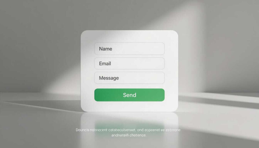 A clean contact form with fields for Name, Email, and Message, and a green "Send" button, placed on a minimalist surface with soft lighting, representing a simple way to submit inquiries.
