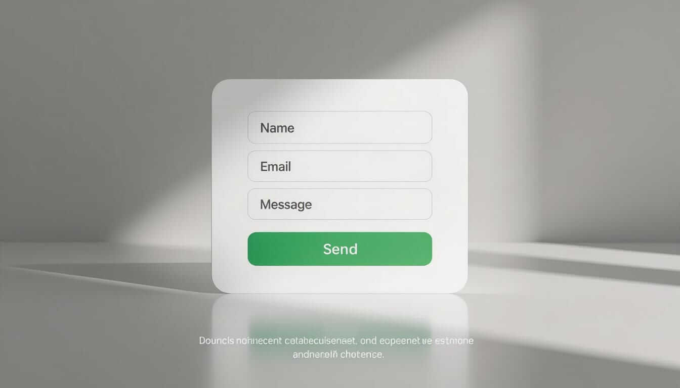 A clean contact form with fields for Name, Email, and Message, and a green "Send" button, placed on a minimalist surface with soft lighting, representing a simple way to submit inquiries.