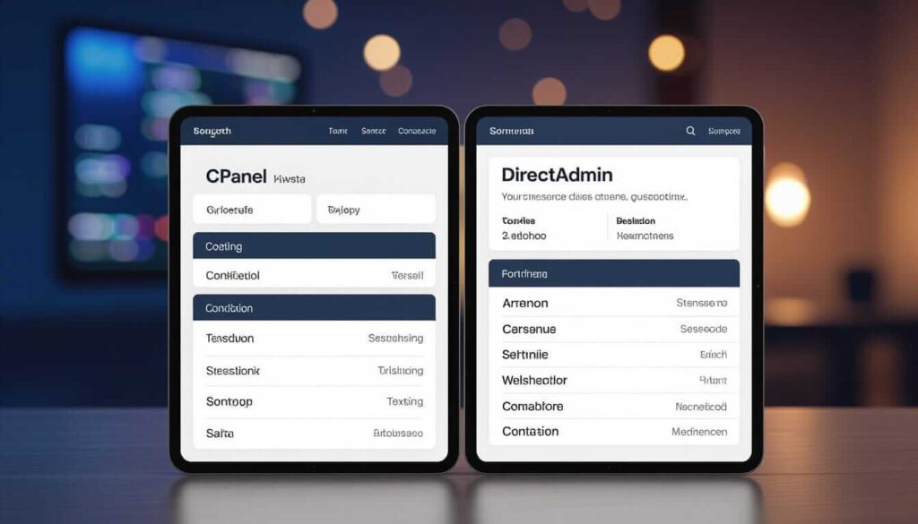 Two tablets side by side on a desk displaying web hosting control panel interfaces - the left tablet shows cPanel with a dark blue navigation menu and white content area, while the right tablet displays DirectAdmin with similar layout. The background features blurred bokeh lights in warm tones.