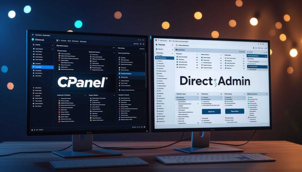 Dual monitor setup comparing web hosting control panels - the left screen displays cPanel's dark-themed interface with the white cPanel logo, while the right screen shows DirectAdmin's light-themed interface with black text. Both monitors sit on a wooden desk with a keyboard, against a backdrop of colorful bokeh lights in blue and orange.