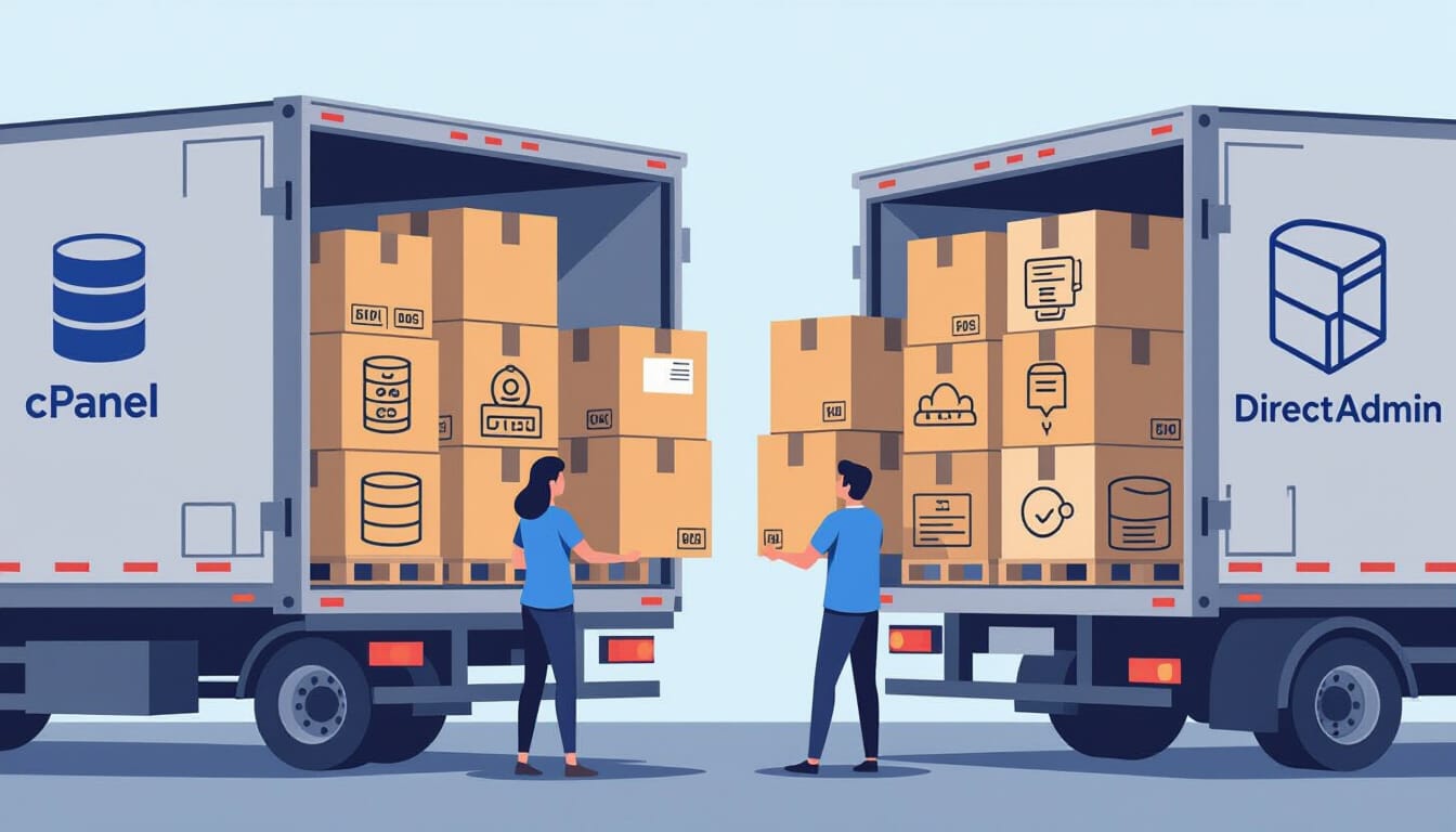 An illustration depicts two people transferring boxes between two delivery trucks. One truck is labeled "cPanel" with a database icon, and the other is labeled "DirectAdmin" with a cube icon, symbolizing a server migration or data transfer between platforms.