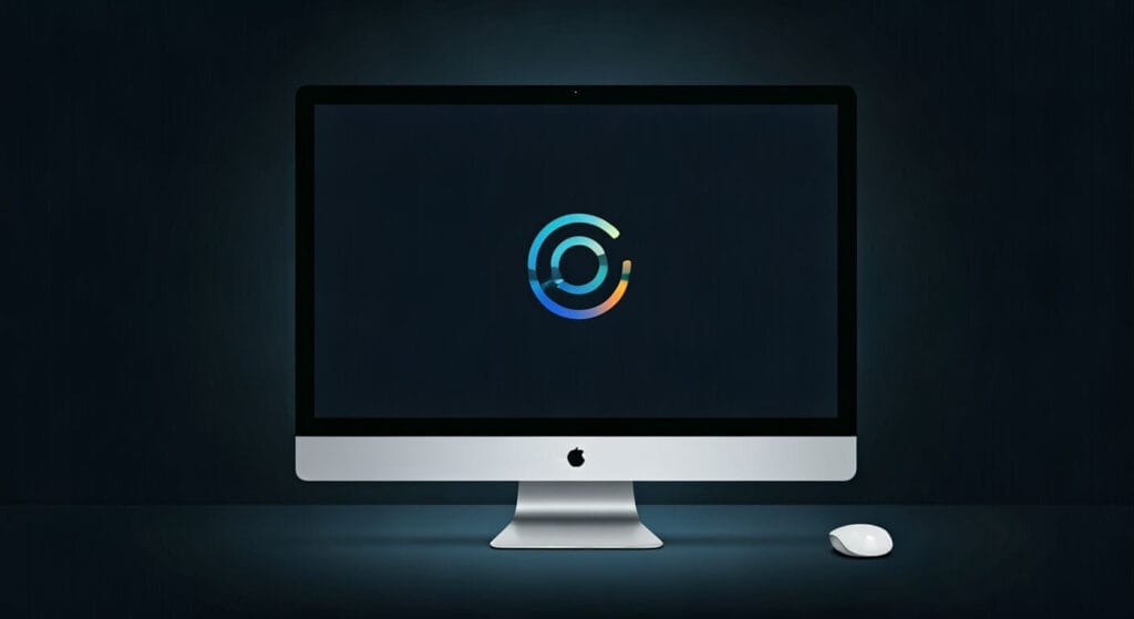 A sleek computer monitor shows a minimalist circular logo with gradient colors on a dark screen. A white mouse rests beside it, emphasizing a clean, modern tech aesthetic.