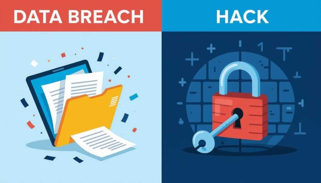 A split graphic compares “DATA BREACH” — showing documents spilling from a folder — with “HACK” — featuring a padlock being unlocked, illustrating two types of cybersecurity threats.