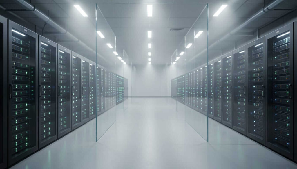 A modern, pristine data center featuring rows of black server racks with glowing green and blue indicator lights on both sides of a bright white corridor. Glass partitions separate the aisles, and the clean facility has white floors, fluorescent ceiling lights, and a minimalist design emphasizing security and organization.