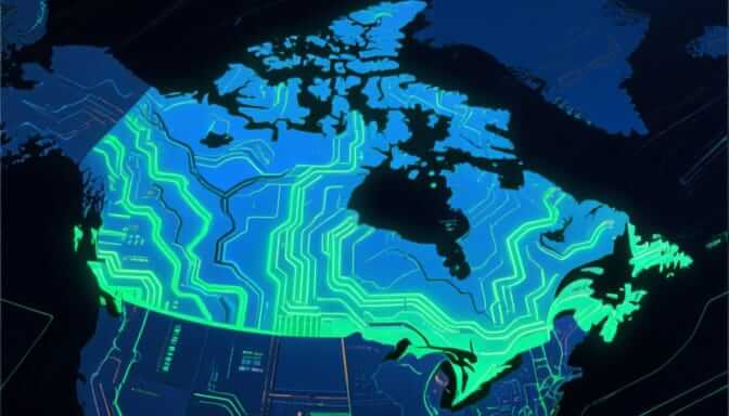 Map of Canada illuminated with glowing neon green circuit board pathways on a dark blue digital background, representing nationwide technological networks and digital infrastructure across the country