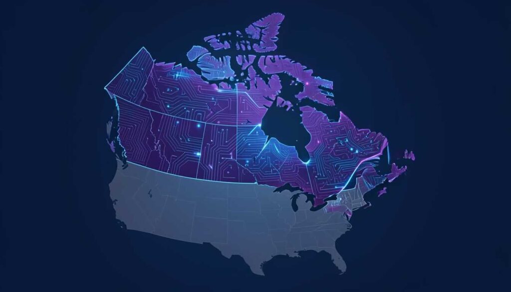 A stylized map of North America where Canada is illuminated with a purple and blue circuit board pattern. Glowing technological lines overlay the country to symbolize digital infrastructure or connectivity, while the United States remains dimly lit in grey below against a deep navy background.
