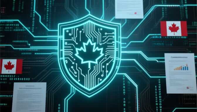 Glowing cyan shield featuring a maple leaf and circuit board patterns centered on a dark digital interface, flanked by Canadian flags and floating documents with data charts, symbolizing Canadian cybersecurity and digital infrastructure protection
