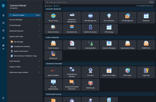 Screenshot of the DirectAdmin control panel via Tresseo webhosting, the dashboard shows most of the available features, with a menu to the left