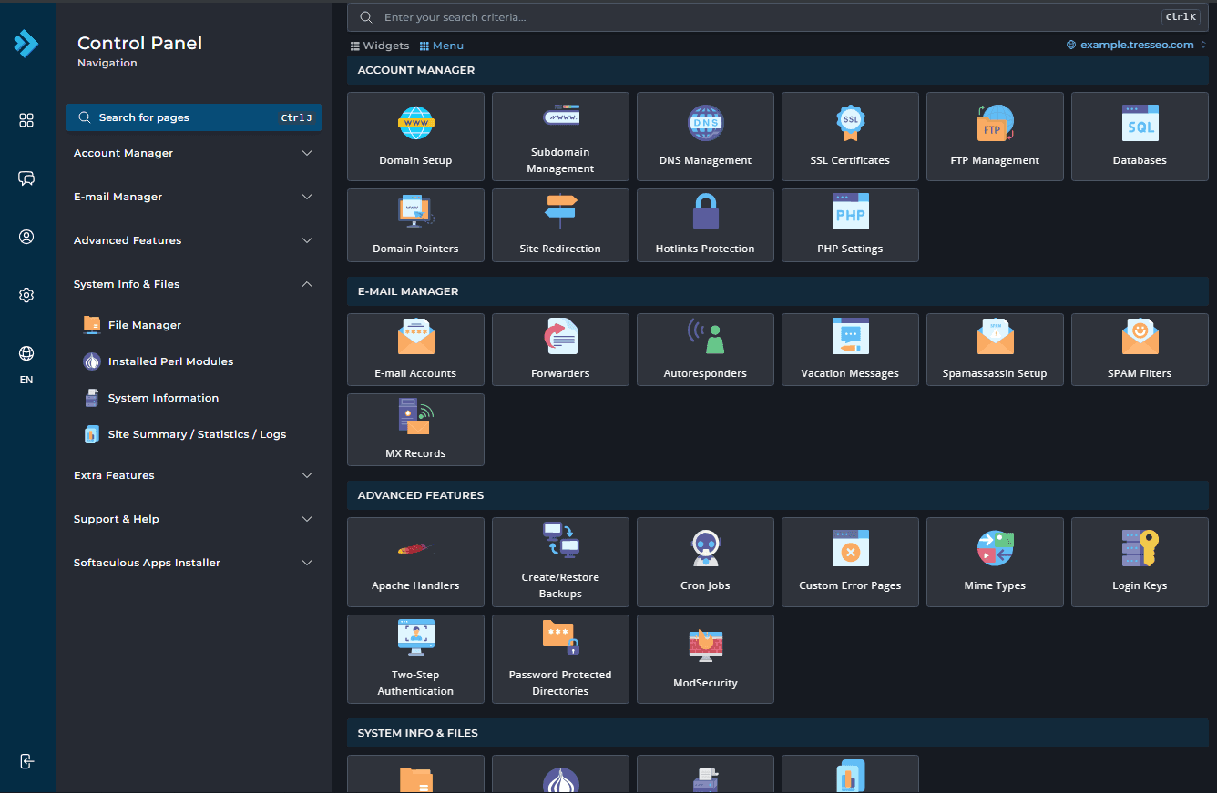 DirectAdmin web hosting control panel dashboard with navigation menu.