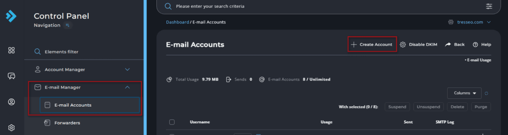 Screenshot of easy email setup using Direct Admin via Tresseo Hosting