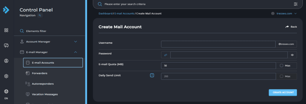 Screenshot of easy email setup using Direct Admin via Tresseo Hosting