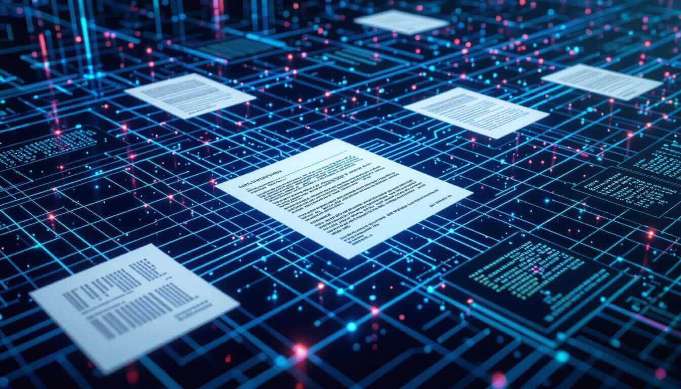A futuristic grid with glowing lines and floating papers, symbolizing digital data or information.