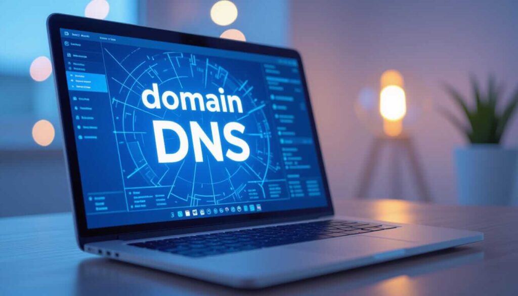 A laptop on a desk displays a blue digital dashboard with the words “domain DNS” in large white text at the center. The screen shows network diagrams and system settings, suggesting DNS management or configuration. The background is softly lit with warm bokeh lights and a small potted plant.
