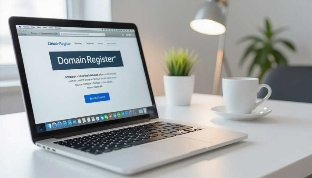 A silver laptop on a white desk displays the Domain Register website, featuring its logo and a blue "See & Prices" button. A coffee cup and small plant sit nearby in a bright, modern office setting.