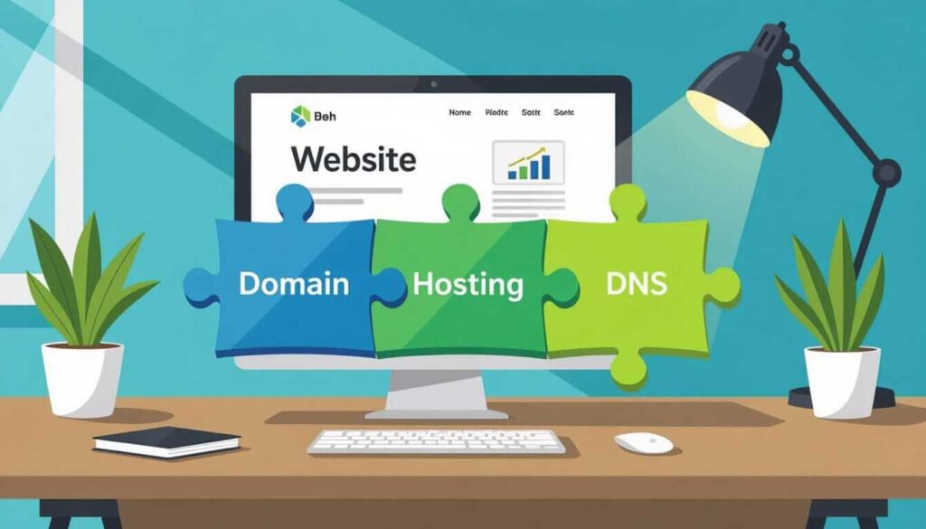 A cartoon-style desk with a computer monitor displaying a website. In front of the screen, three large puzzle pieces labeled “Domain,” “Hosting,” and “DNS” fit together, symbolizing the essential components needed to build and run a website. The scene includes a lamp, keyboard, mouse, notebook, and potted plants.